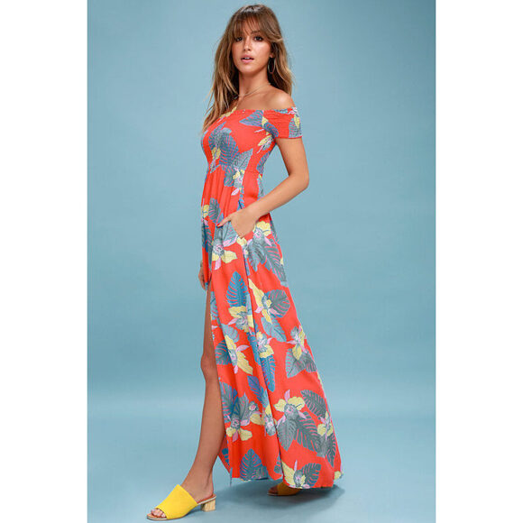 Lulus Dresses & Skirts - Lulus Patsy Coral Red Floral Print Off-the-shoulder Dress - Size XS